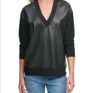 Vegan Leather Front V-Neck Drop Shoulder Long Sleeve Mixed Media Sweatshirt